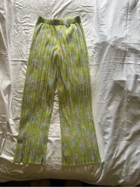 Zara Lime Green Floral Pleated Wide-Leg Pants